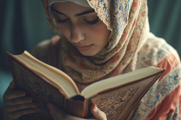 A woman wearing a scarf is reading a book