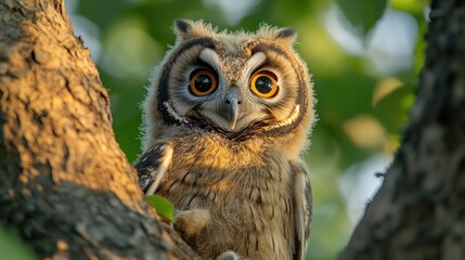 Wild bird owl with big eyes peeking behind the trunk of the forest tree background wallpaper AI generated image