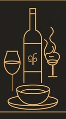 Wall Mural - Elegant vector lines depict wine, cocktails, and a gourmet dish, perfect for enhancing an upscale restaurant ambiance