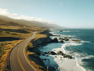 Driving to the shoreline, The scenic California highway with the ocean coastline beside the road