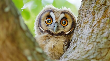 Wild bird owl with big eyes peeking behind the trunk of the forest tree background wallpaper AI generated image