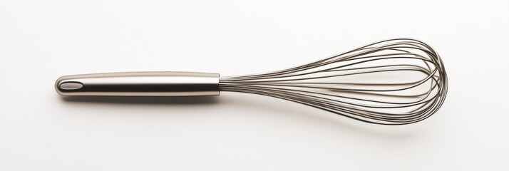 A 3D simple style icon of a shiny metal whisk resting on a clean white background representing baking and kitchen utensils. The single icon is detailed with a reflective finish