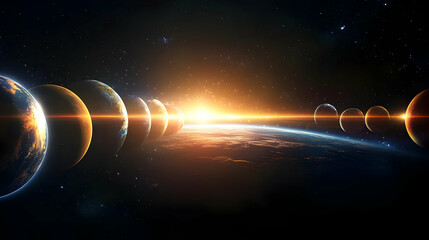Wall Mural - Multiple planets are lined up in a row, with a bright sun in the background, seen from space.