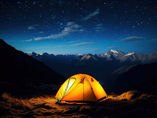 Yellow tent standing against starry sky in mountains. Illuminated tent on hills.