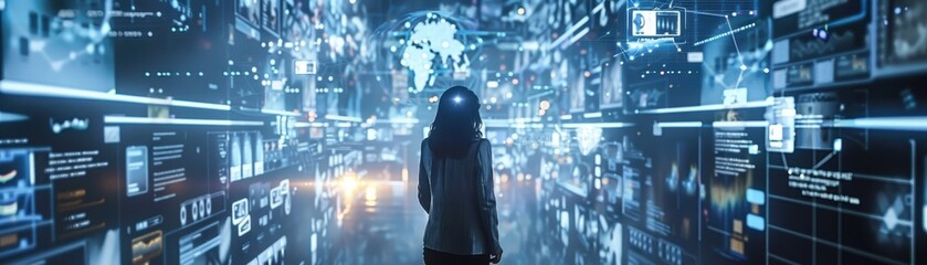 Wall Mural - Silhouette of a person in a futuristic digital environment with holographic screens and a global network concept.