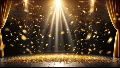 Wall Mural - golden confetti rain on festive stage with light beam in the middle, empty room at night mockup with copy space for award ceremony, jubilee, New Year's party or product presentations