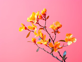 Wall Mural - Artistic photo of flashing yellow plant on pink background, Colorful flowers on gradient