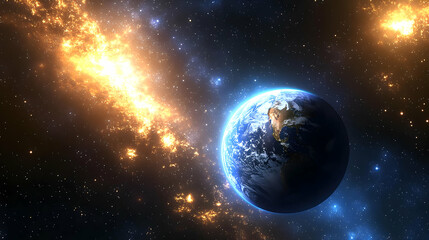 Wall Mural - planet earth in space with a golden galaxy in the background.