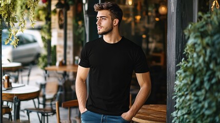 Young man wearing bella canvas black t shirt and jeans, at a cozy restaurant on summers day. Design tshirt template, print presentation mockup. copy space for text.