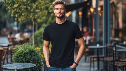 Young man wearing bella canvas black t shirt and jeans, at a cozy restaurant on summers day. Design tshirt template, print presentation mockup. copy space for text.