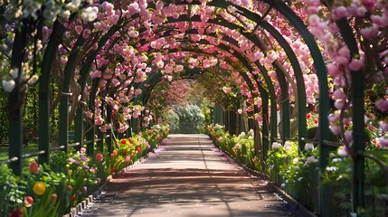 Wall Mural - A landscaped walk lined by full blooming flowers