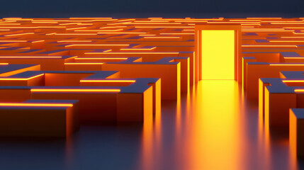 Poster - Abstract representation of a maze with vibrant orange walls and a glowing yellow door symbolizing opportunity and discovery