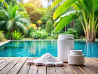 a container of powder and tablets of chlorine and bromine sanitizers sit on a pool deck, surrounded 