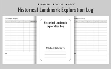  Historical Landmark Exploration Log Tracker Template, Journal Or Printable Planner Vector Illustration.