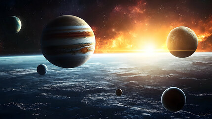 Wall Mural - planets in a cosmic landscape with a starburst in the background.