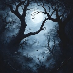 Haunted dark forest filled with twisted gnarled trees aglow in the ominous light of a full moon  Swirling fog and mist fills the underbrush as black bats take flight creating an eerie