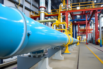 Industry pipeline transport gas and oil processing. Industrial facility with large metallic pipes, showcasing a complex network of machinery and equipment for processing or manufacturing.