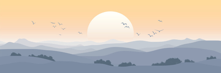 Wall Mural - Minimalistic mountain landscape, morning light and sun, vector illustration, panoramic view	