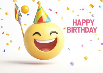 Wall Mural - a happy, smiling emoji face with a party popper, against a white background, in a cartoon style  text 