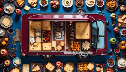 Cheese variety. Food background with motor home. Travel and cuisine.