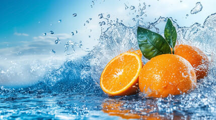 Fresh Oranges Splashing in Water