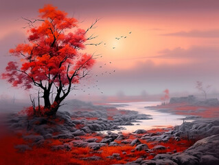 Wall Mural - Horror cold autumn fog among the plains, animation. A painting of a full moon with a full moon