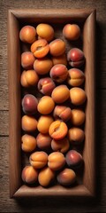 Poster - Apricot fruits on wooden rustic table. Top view flat lay