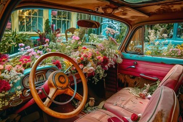 Wall Mural - Vintage car interior filled with vibrant flowers and greenery, creating a nostalgic yet lively atmosphere