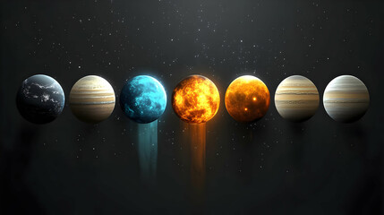 Seven planets in space, with a blue planet in the middle, and two fiery planets to the right, surrounded by stars.