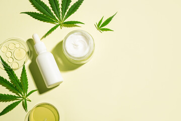 Poster - Hemp cannabis leaves and CBD oil cosmetic products