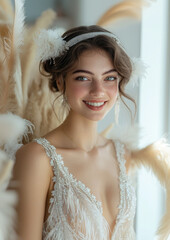 Wall Mural - young smiling beautiful woman in white dress and with ribbon in hair with feathers on light background, girl, bride, model, 20s style, 1920s, retro, vintage, wedding, portrait, smile, eyes, hairstyle