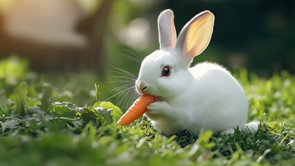 White rabbit eating carrot on the green grass field