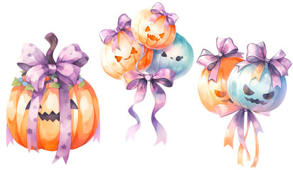 Wall Mural - Set of Cute Halloween Pumpkins and Balloons with Colorful Bows.