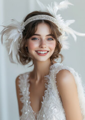 Wall Mural - young smiling beautiful woman in white dress and with ribbon in hair with feathers on light background, girl, bride, model, 20s style, 1920s, retro, vintage, wedding, portrait, smile, eyes, hairstyle