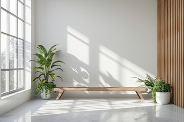 Poster - A white room with a wooden wall and a bench in the middle