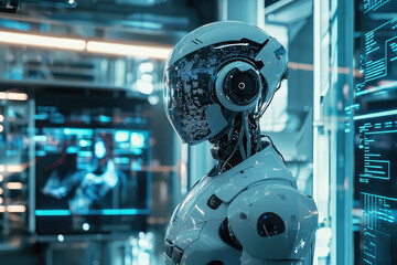 Poster - A Stunning Humanoid AI Robot in a High-Tech Laboratory Setting, Capturing the Future of Technology and Innovation.