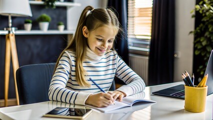 Wall Mural -  pretty happy schoolgirl is sitting at her desk