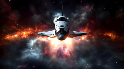 Wall Mural - spacecraft soaring through a nebula, with glowing orange and white gas.