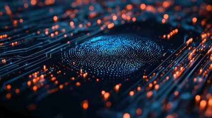 Aufkleber - Close-up of a digital fingerprint illuminated in blue and orange, symbolizing cybersecurity, biometrics, and digital identity verification.
