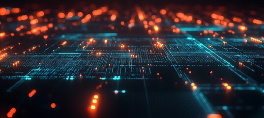 Poster - A glowing digital landscape featuring neon grids and advanced cybernetic architecture





