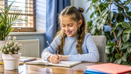 Sticker -  pretty happy schoolgirl is sitting at her desk