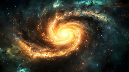 Wall Mural - Spiral galaxy with bright core and scattered stars in space.