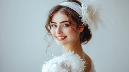 Wall Mural - young smiling beautiful woman in white dress and with ribbon in hair with feathers on light background, girl, bride, model, 20s style, 1920s, retro, vintage, wedding, portrait, smile, eyes, hairstyle