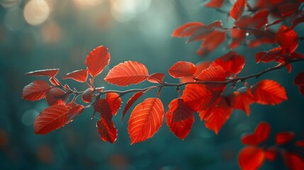 Poster - A branch with red leaves is shown in a blue background