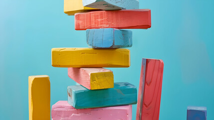 Poster - Whole and destroyed towers made of colorful wooden blocks in studio
