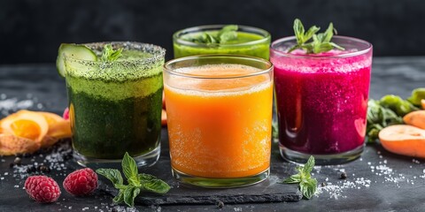 Wall Mural - A table with four different colored drinks in glasses. The drinks are orange, green, pink, and purple. There are also some fruits on the table, including raspberries and oranges