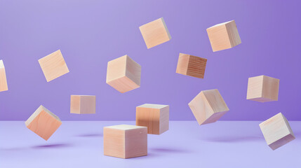 Poster - Wooden blocks of geometric shapes levitating over violet background