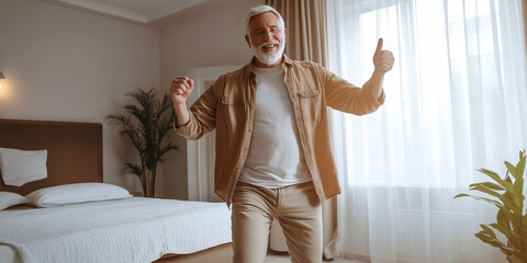 Wall Mural - A man in a tan jacket is dancing in a bedroom. He is giving a thumbs up sign