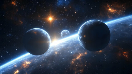 Wall Mural - three planets orbit a star in a distant galaxy, with one planet in the foreground, and a glowing neb