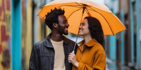 Wall Mural - A man and a woman are holding an umbrella together. The man is smiling and the woman is smiling as well. Scene is happy and romantic